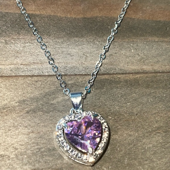 Pink Cubic Zirconia Heart 3 Piece Jewelry Set Pendant Silver Necklace Earrings - Picture 11 of 14